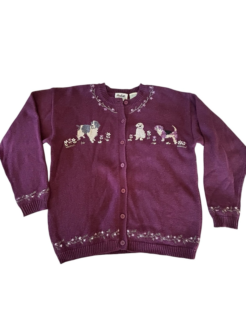 Northern Reflections Vtg 90s Dog Floral Embroidered Cardigan Sweater L Cottage